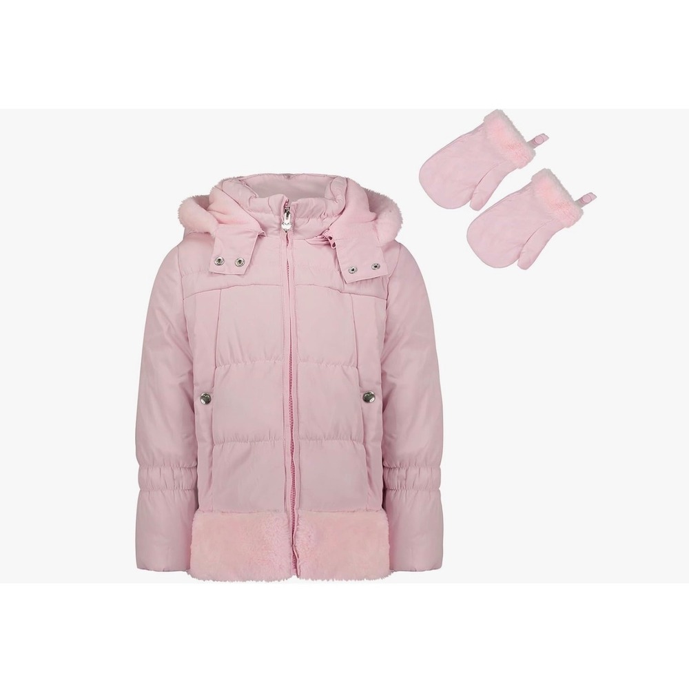 London Fog Kids Pink Puffer Jacket with Faux Fur Trim and Mittens 3T L220762